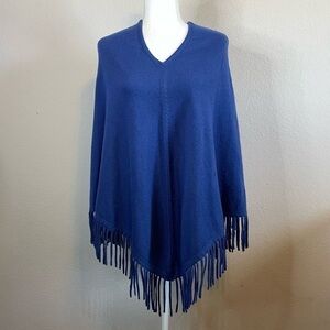 Roberta Freymann Roller Rabbit Wool Cashmere Blend Blue Fringe Poncho Size M/L